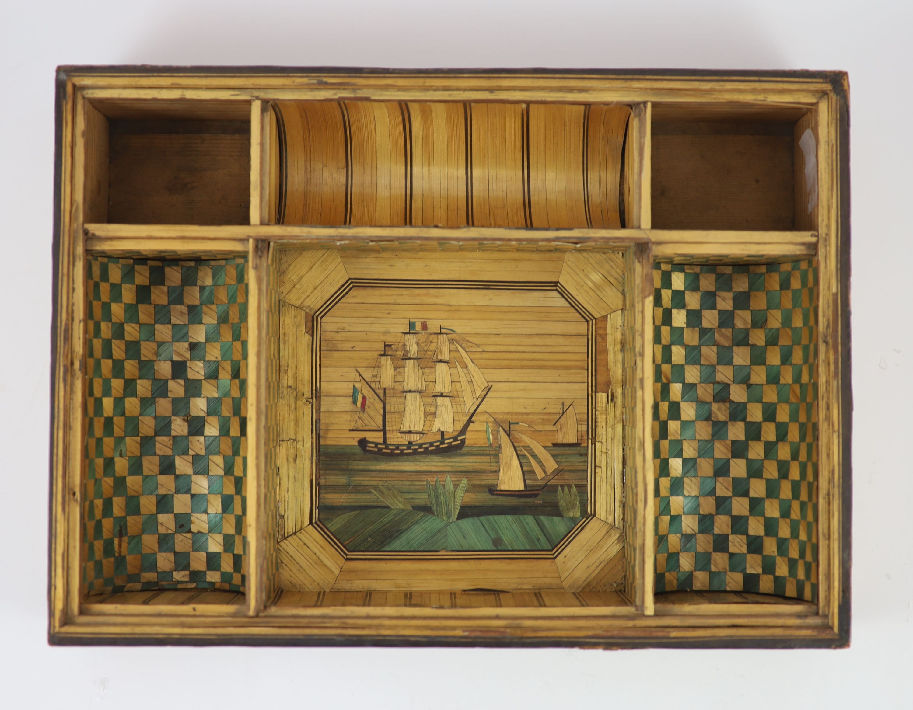 A 19th century coloured straw work box and detachable cover